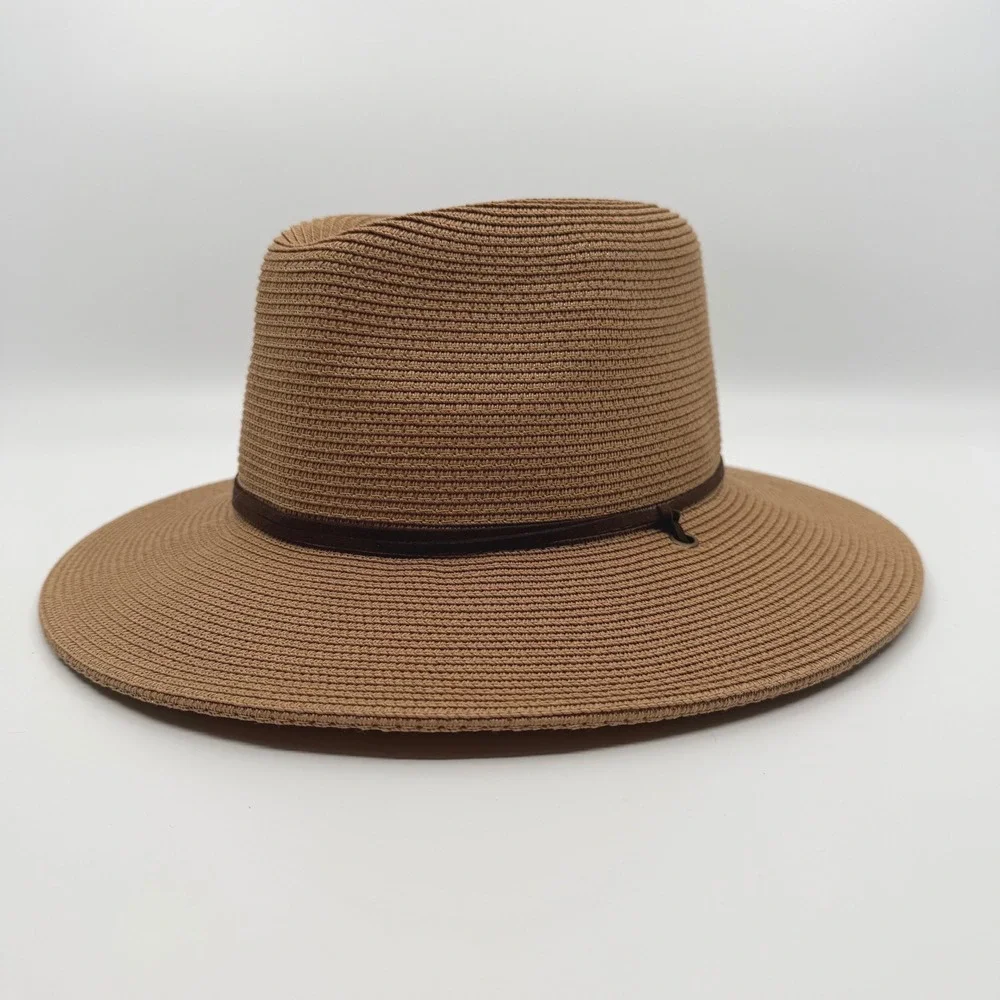 Summer Straw Sun Hat Womens Wide Brim Panama Fedora Beach Wind Lanyard UPF50+ - Picture 2 of 12